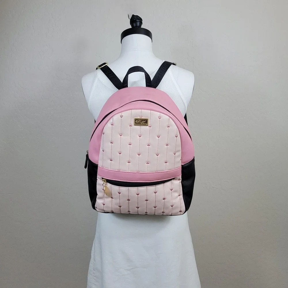 Luv Betsey Backpack Women Pink Black Heart Quilted Faux Leather Gold Tone